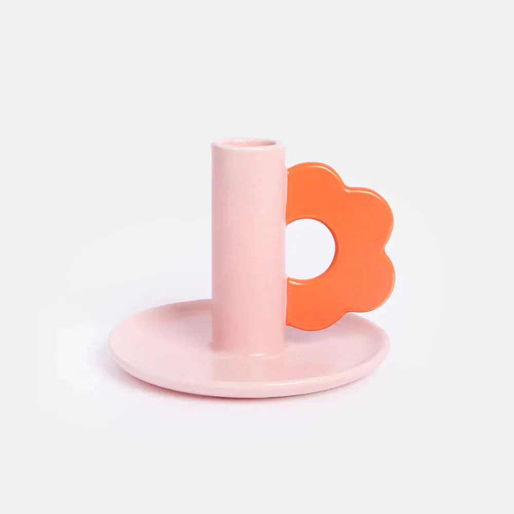 Pink/Red Flower Stoneware Candle Holder