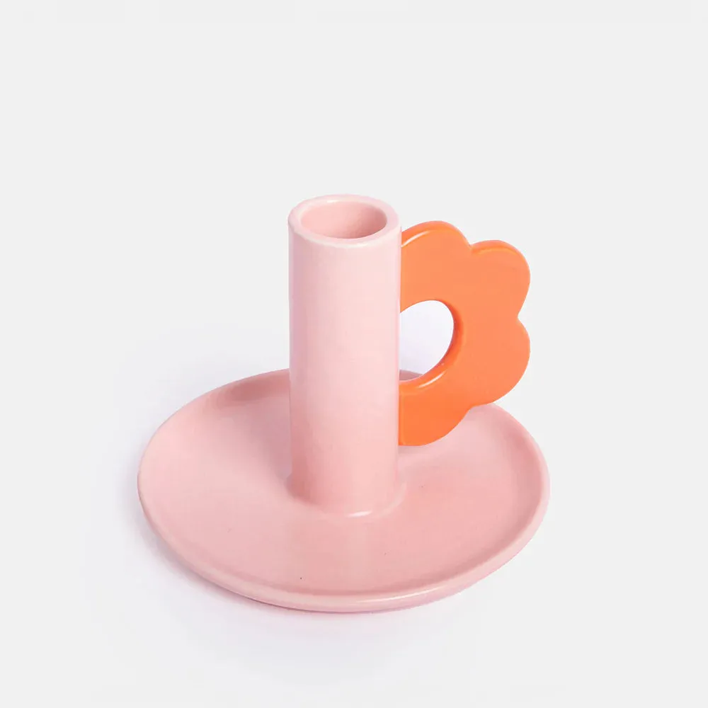 Pink/Red Flower Stoneware Candle Holder