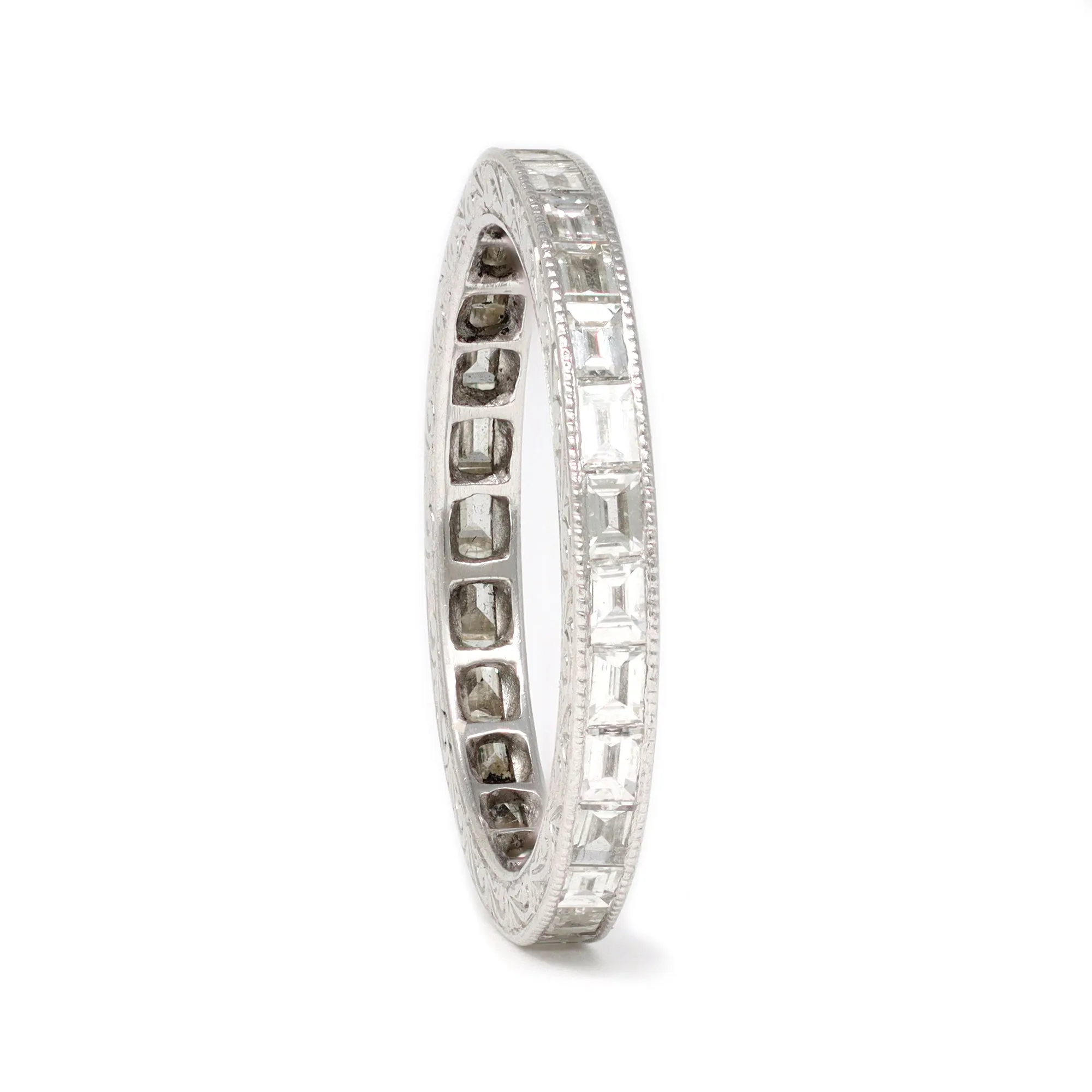 Platinum Eternity Baguette Diamond Band Ring Hand Carved