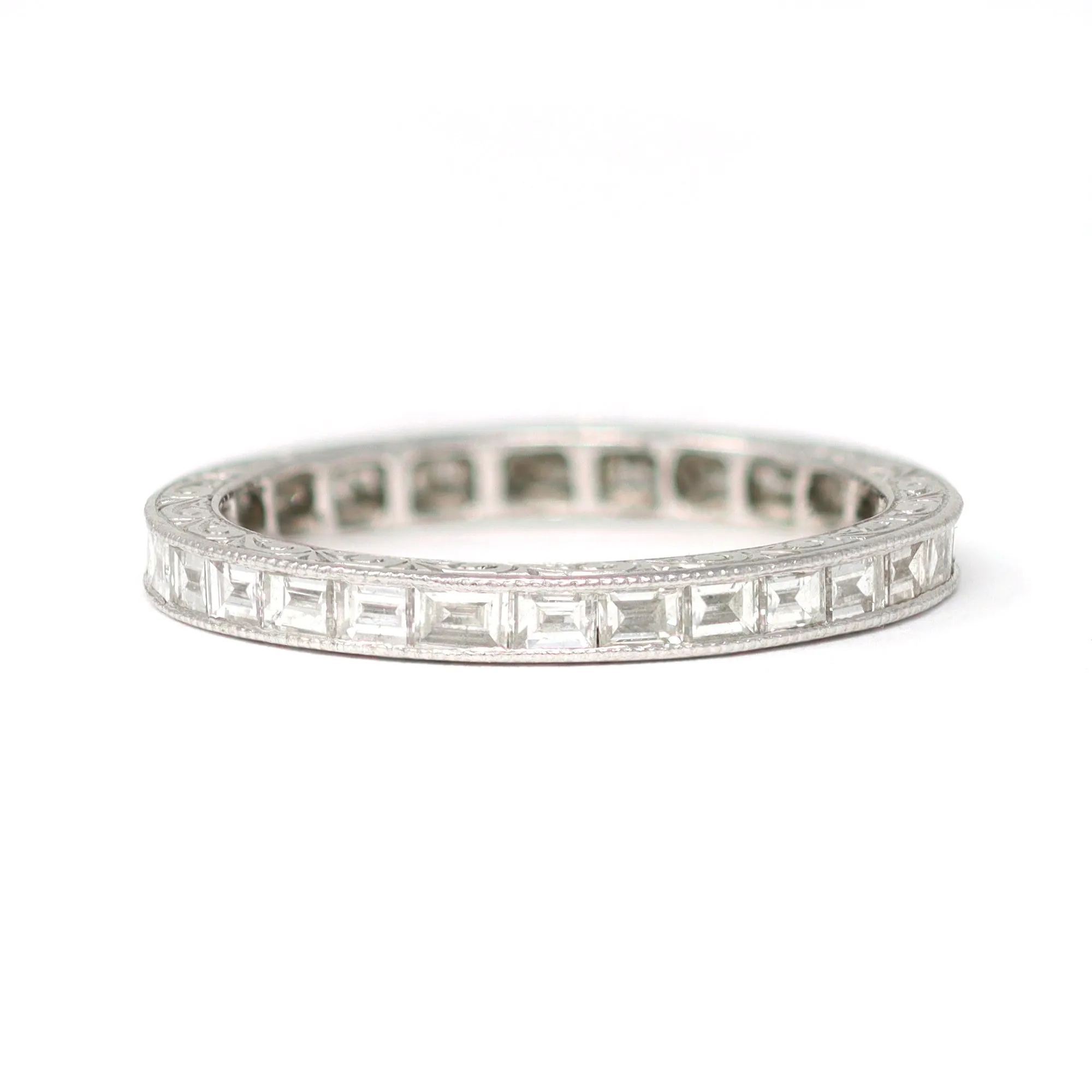 Platinum Eternity Baguette Diamond Band Ring Hand Carved