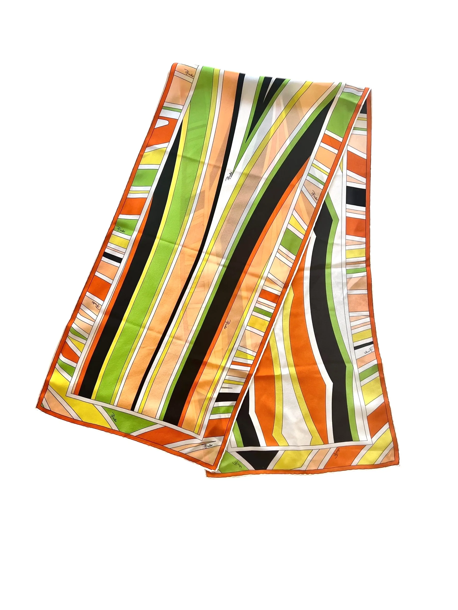 Pucci Orange and Green Psychedelic Striped Long Printed Silk Scarf