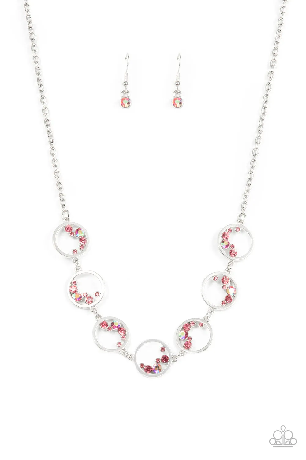 "Blissfully Bubbly" Silver Metal & Pink Iridescent Rhinestone Multi Circle Necklace Set
