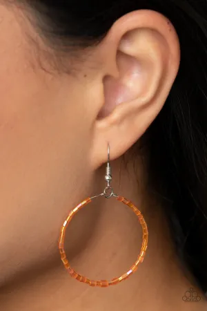"Colorfully Curvy" Silver Metal & Orange Seed Bead Wire Hoop Earrings