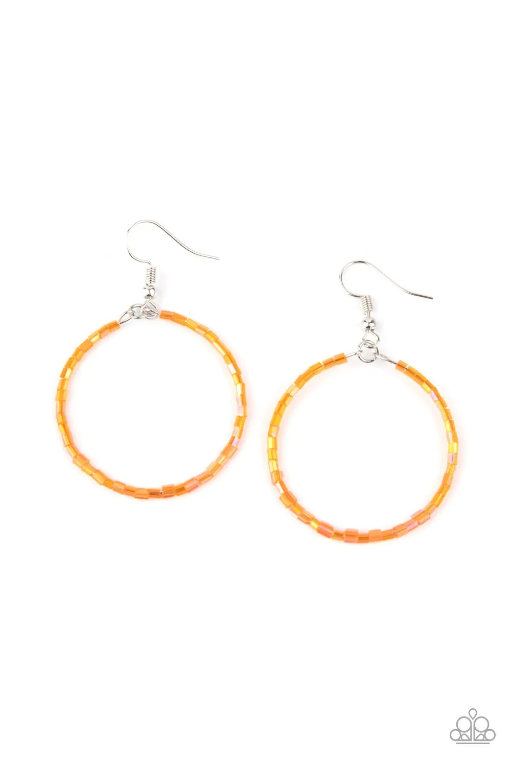"Colorfully Curvy" Silver Metal & Orange Seed Bead Wire Hoop Earrings