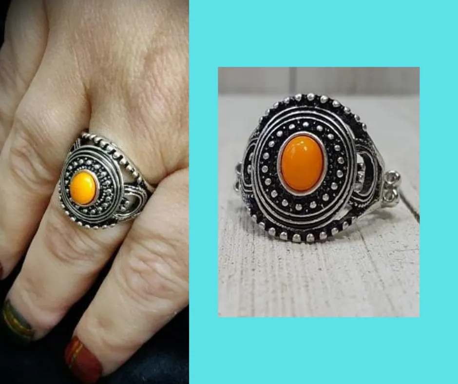 "Oasis Moon" Silver Metal Shiny Orange Stone Elastic Back Ring