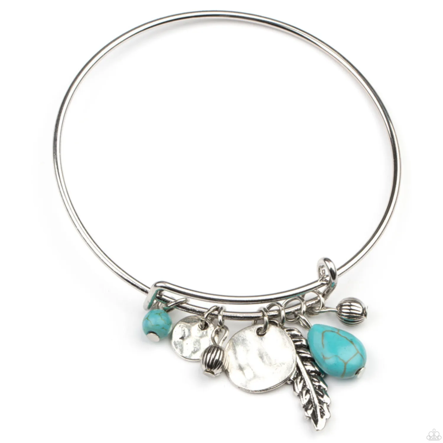 "Root and Ranch" Silver Metal & Blue Turquoise and Feather Charm Tension Bracelet