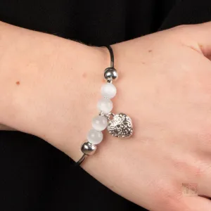 "Vintage Vows" Silver Metal & White Cat's Eye Beads & Heart Charm Tension Bracelet