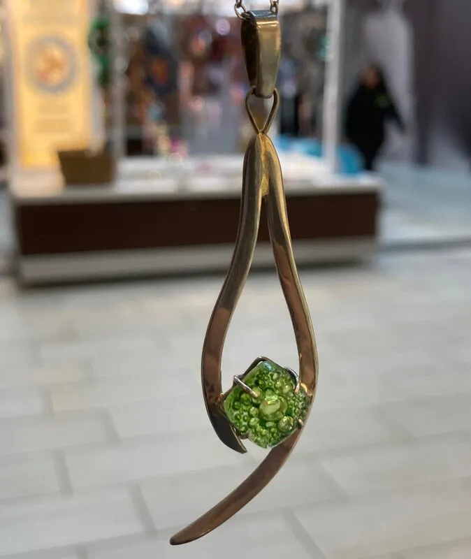 Recycled Glass peridot green pendant . Handmade fused necklace. Dainty glass jewelry . Unique pieces. Awesome stone
