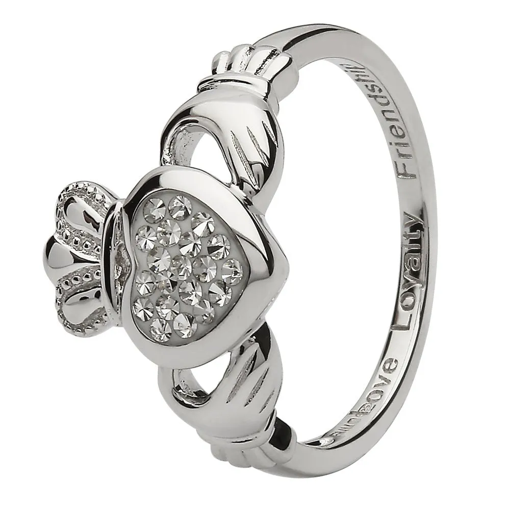 Retired Ladies Silver White Crystal Claddagh Ring SL-SW85