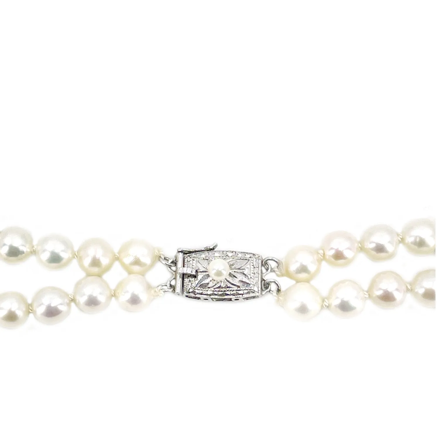 Retro Engraved Double Strand Baroque Japanese Cultured Akoya Pearl Vintage Necklace -Sterling Silver 20.50 & 22.50 Inch