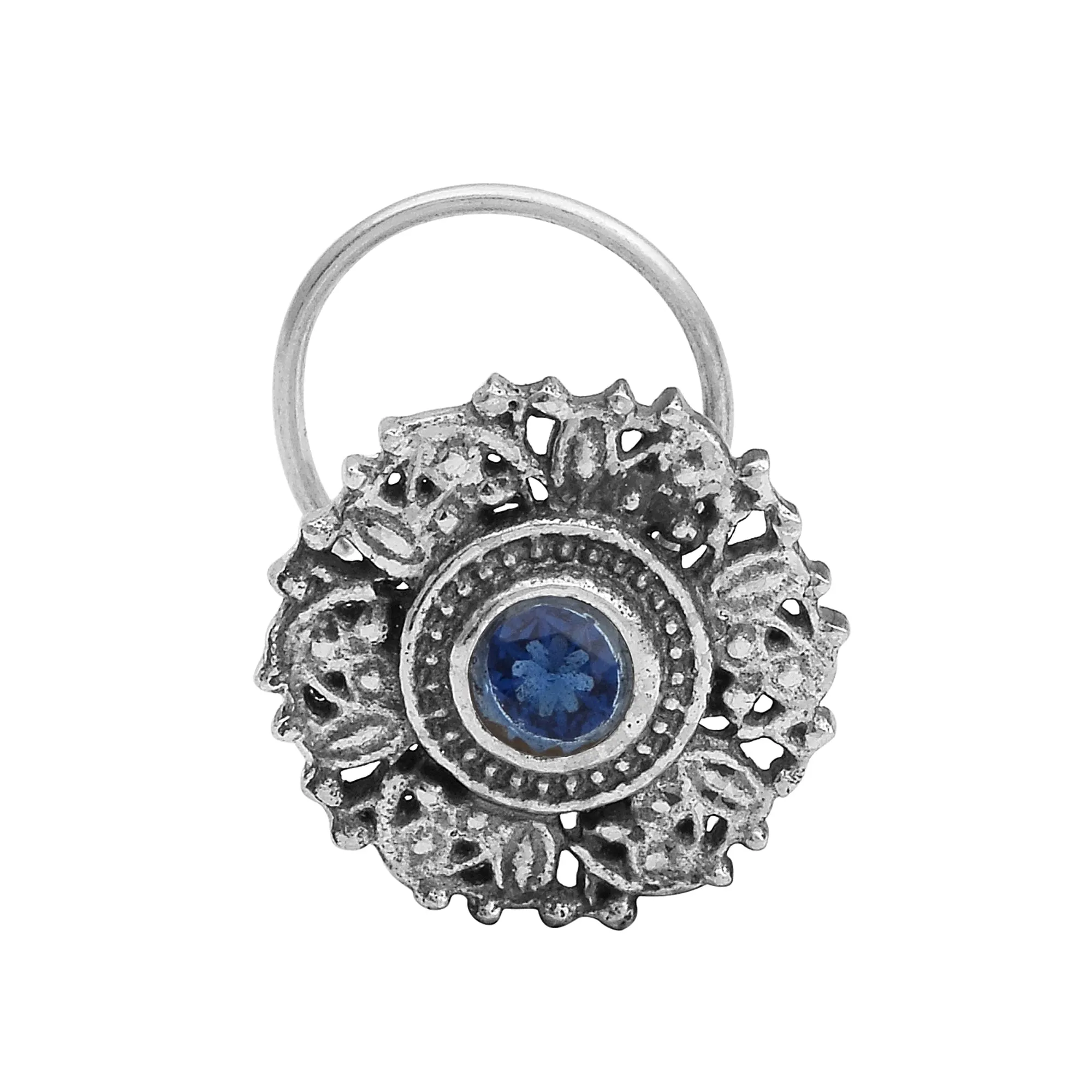 Round Blue Gemstone Oxidized Nose Pin Vintage Indian Traditional Nose Pin For Women