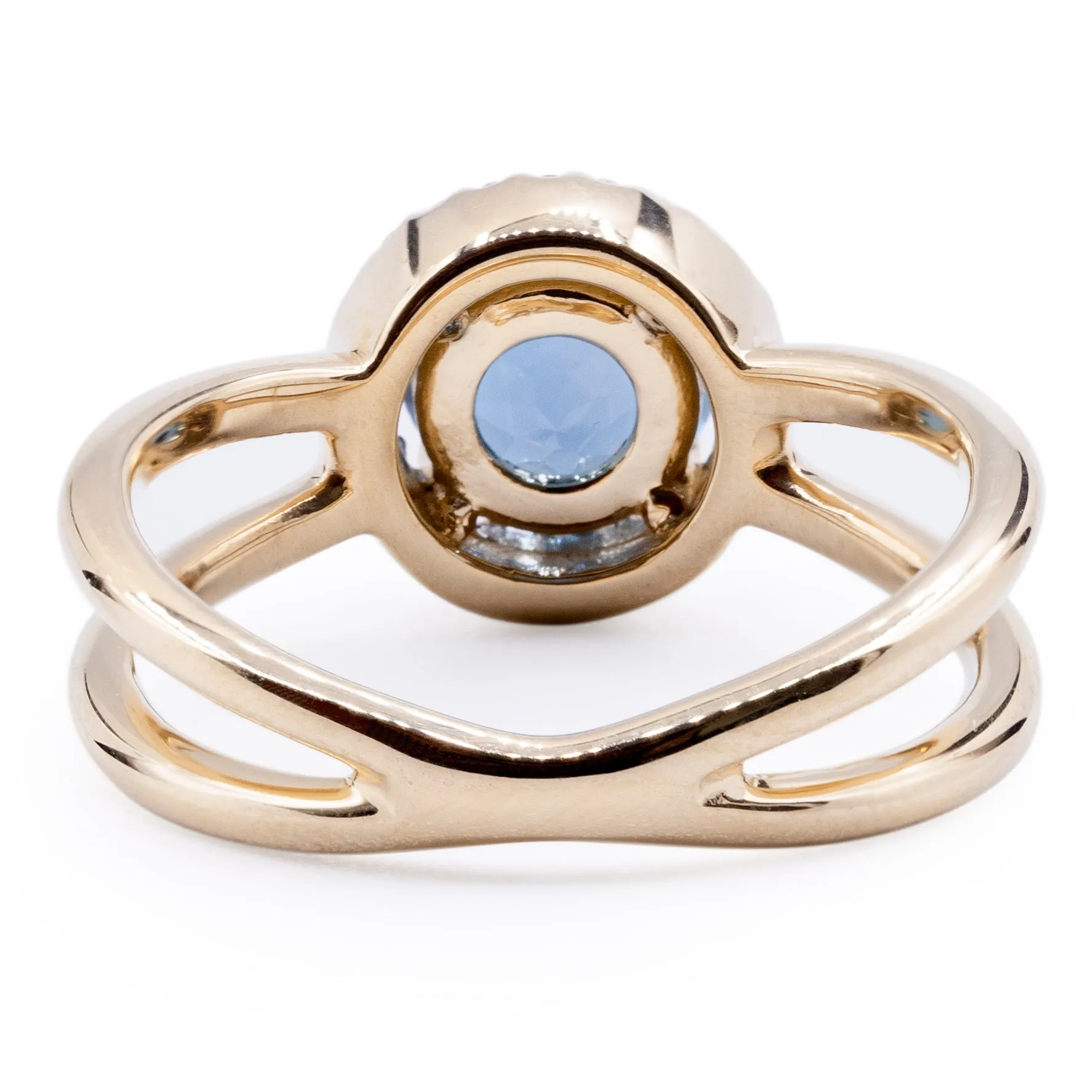 Round London Blue Topaz Setting with Diamond Accented Halo and Criss Cross Shank Ring