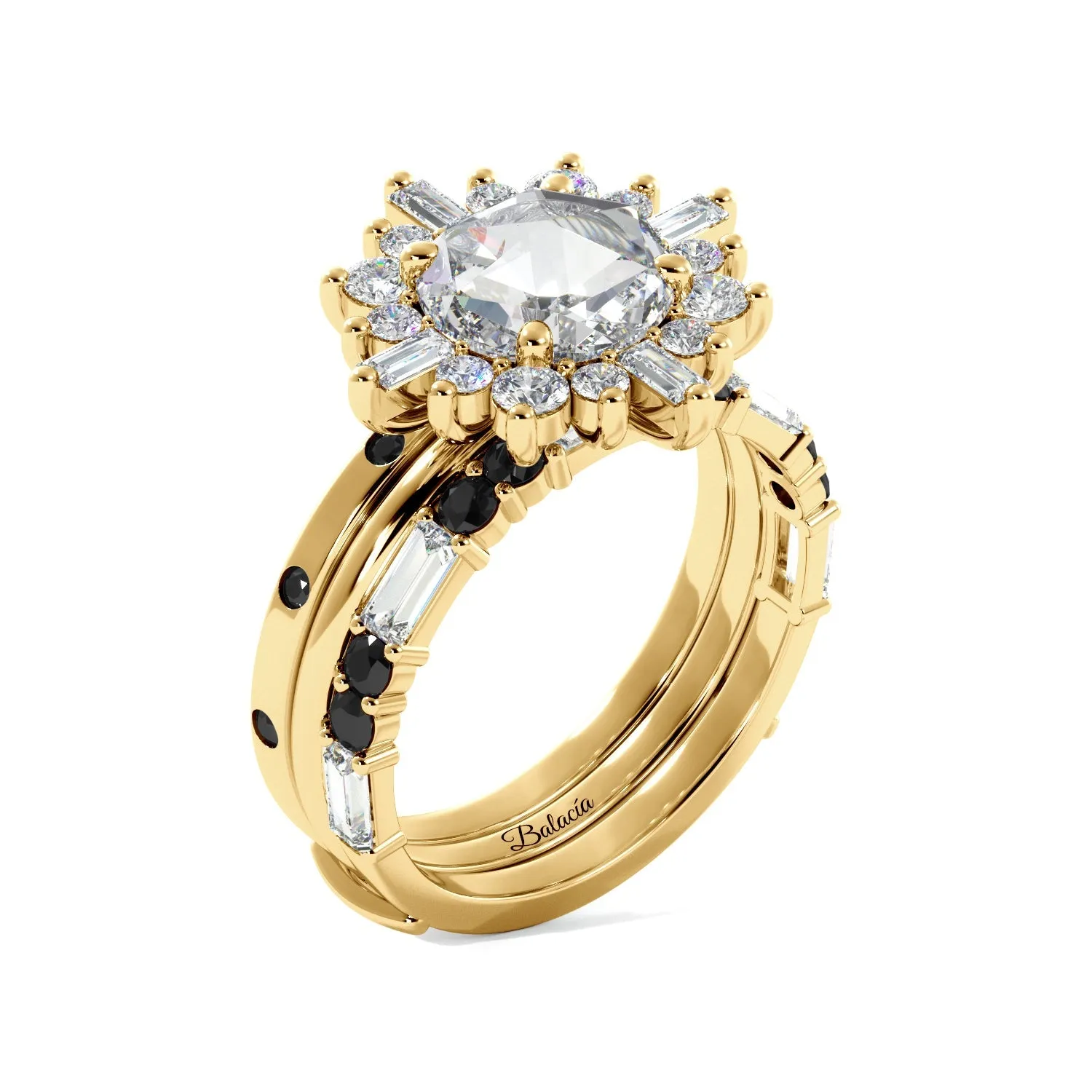 Round Rose Cut and Baguette Halo Black Diamond Ring Set