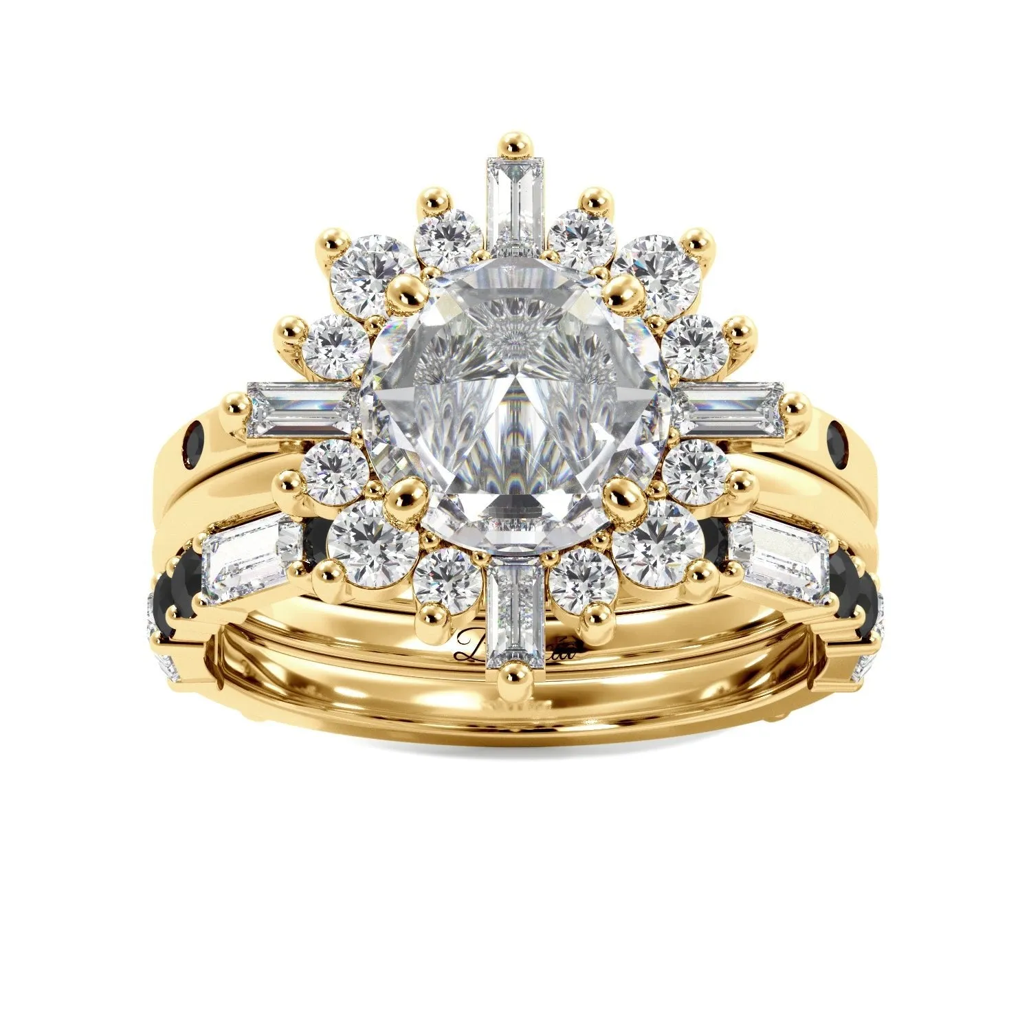 Round Rose Cut and Baguette Halo Black Diamond Ring Set