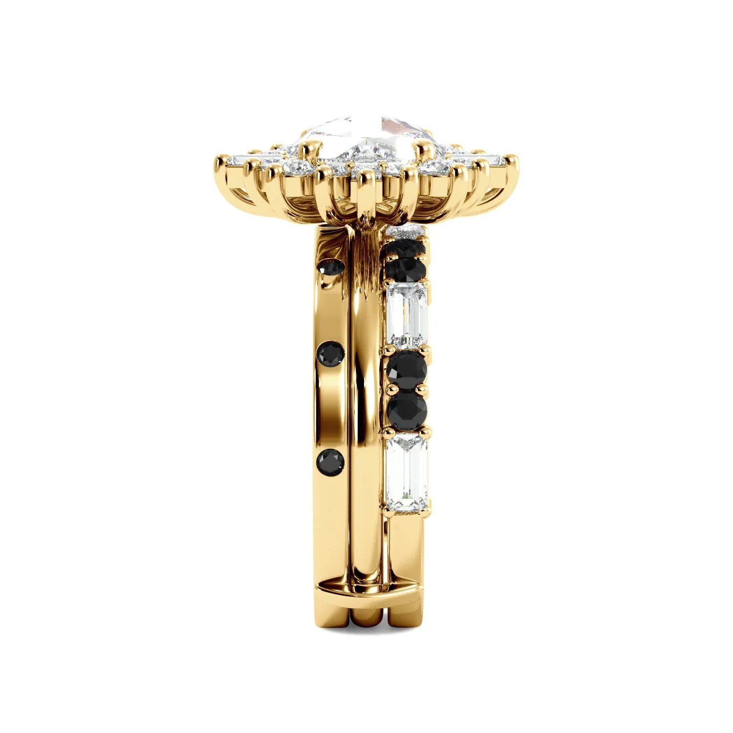 Round Rose Cut and Baguette Halo Black Diamond Ring Set