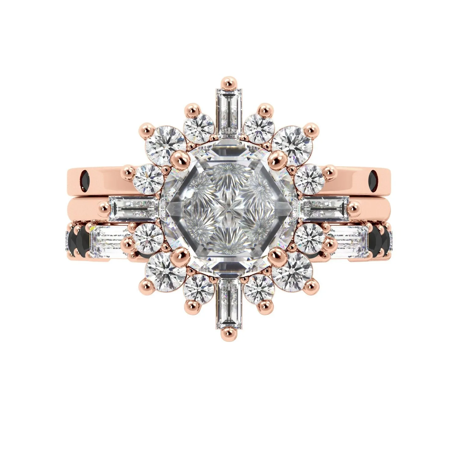 Round Rose Cut and Baguette Halo Black Diamond Ring Set