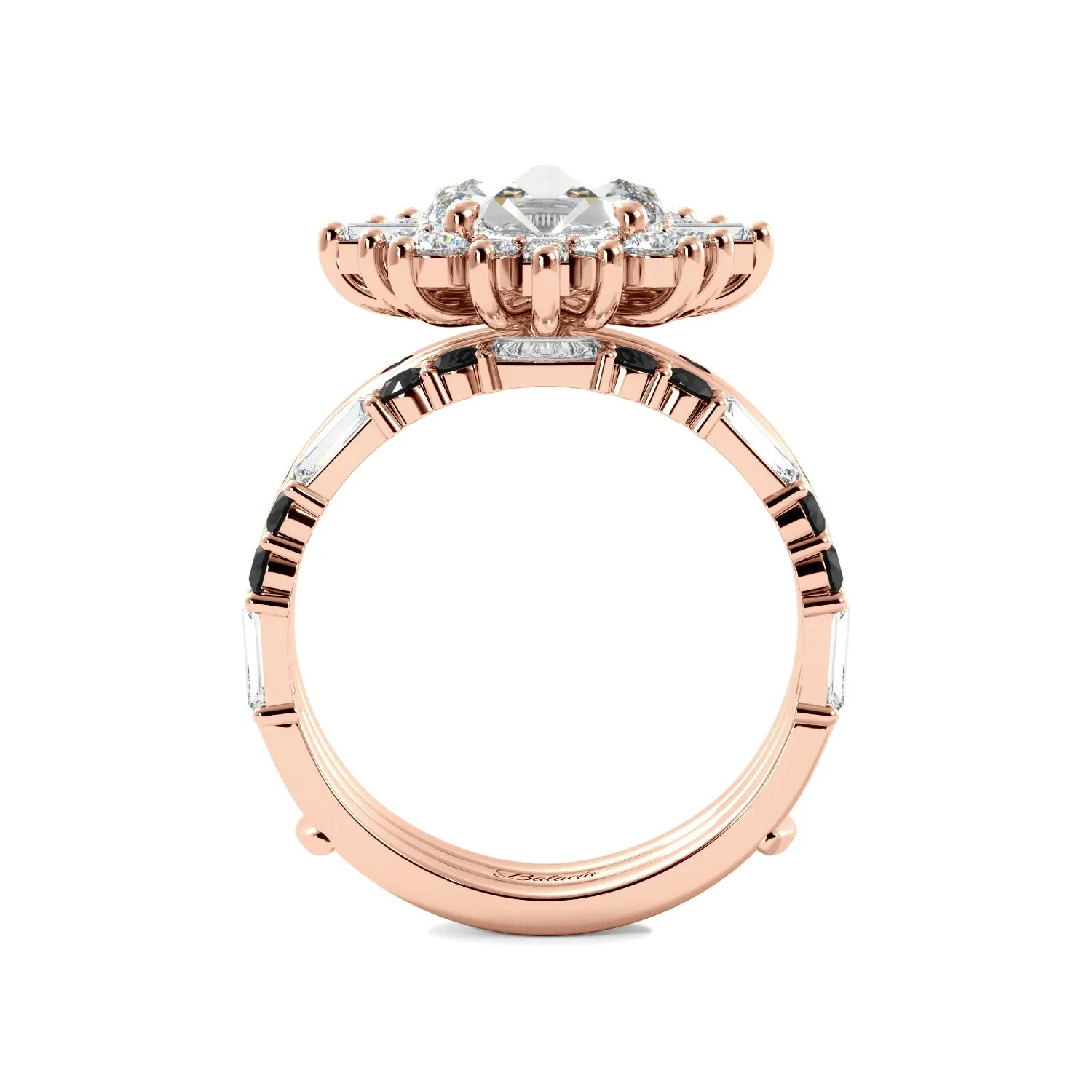 Round Rose Cut and Baguette Halo Black Diamond Ring Set