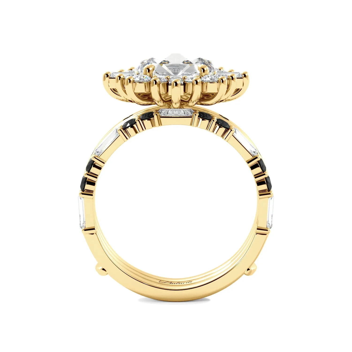 Round Rose Cut and Baguette Halo Black Diamond Ring Set