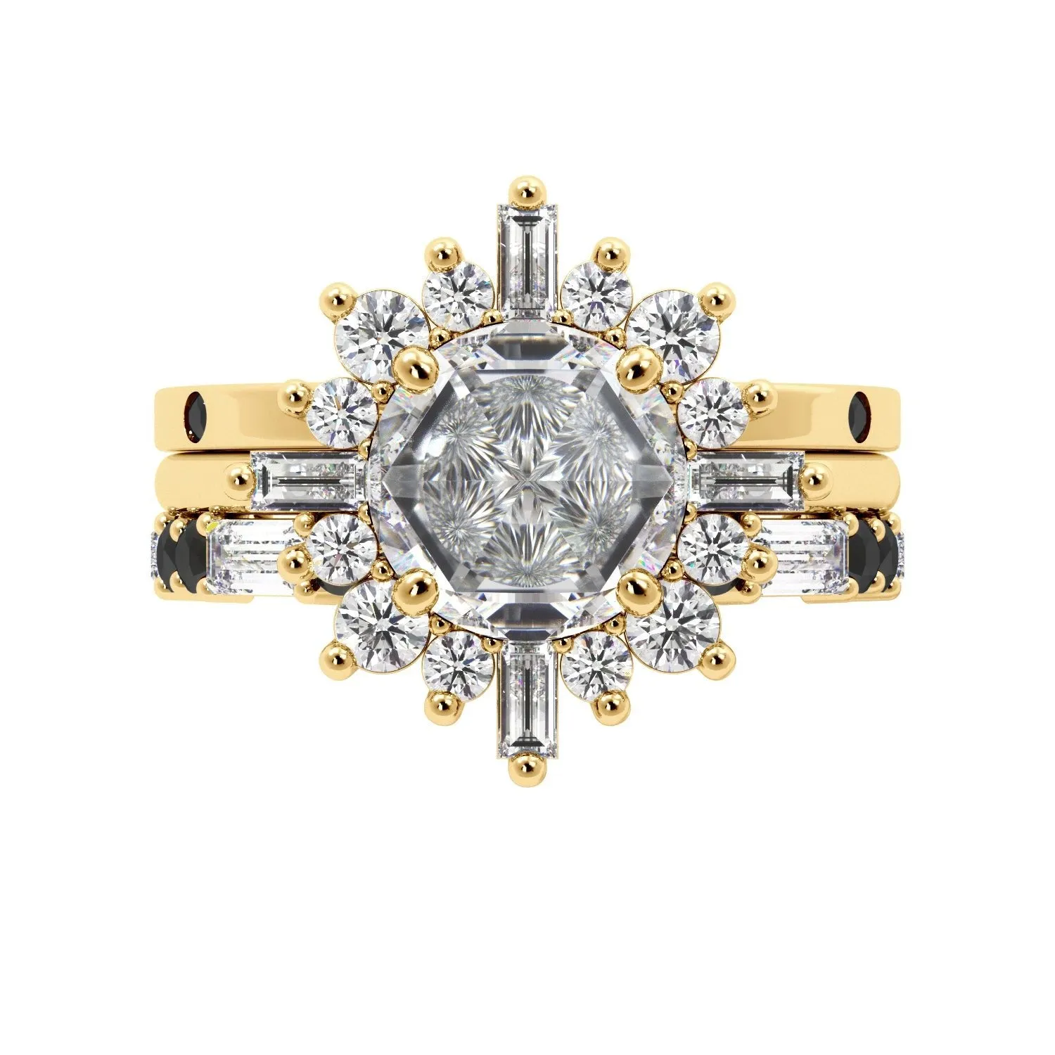 Round Rose Cut and Baguette Halo Black Diamond Ring Set