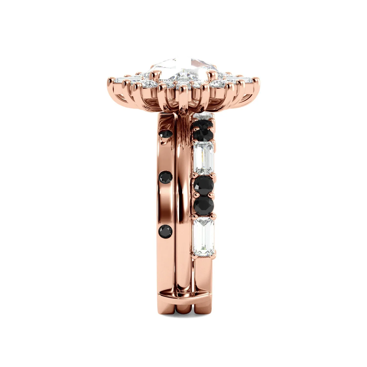 Round Rose Cut and Baguette Halo Black Diamond Ring Set