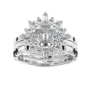 Round Rose Cut and Baguette Halo Black Diamond Ring Set