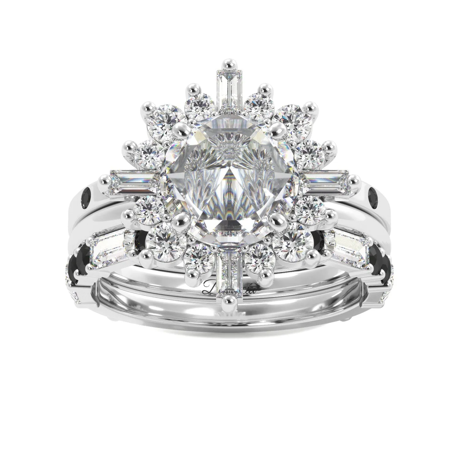 Round Rose Cut and Baguette Halo Black Diamond Ring Set