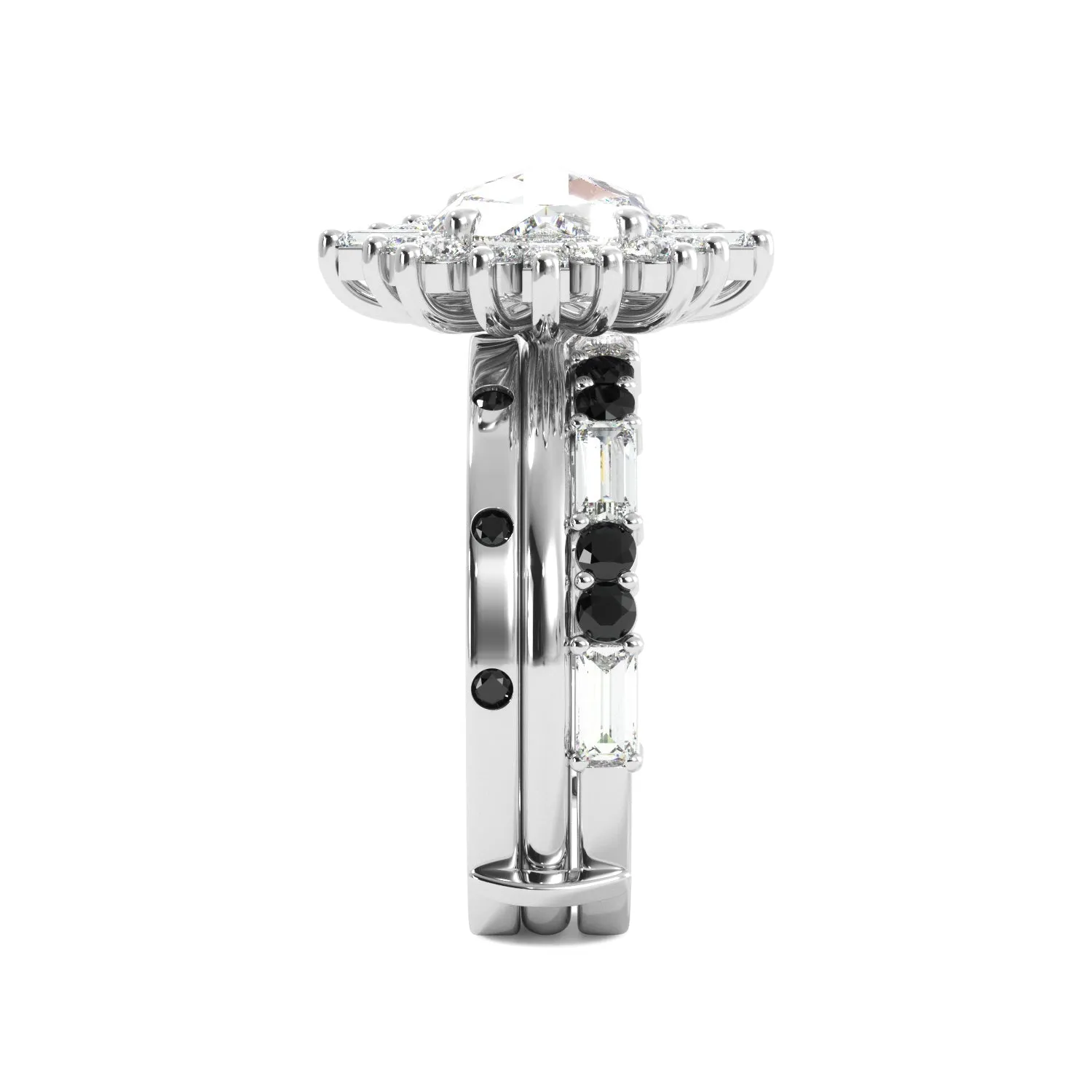 Round Rose Cut and Baguette Halo Black Diamond Ring Set