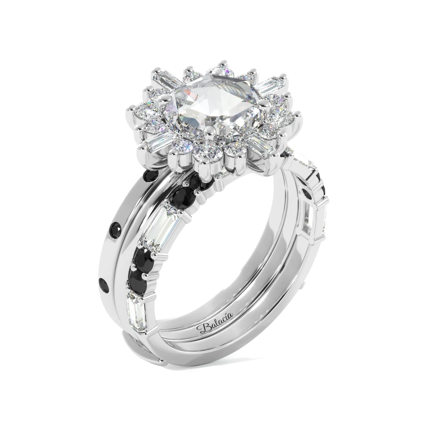 Round Rose Cut and Baguette Halo Black Diamond Ring Set