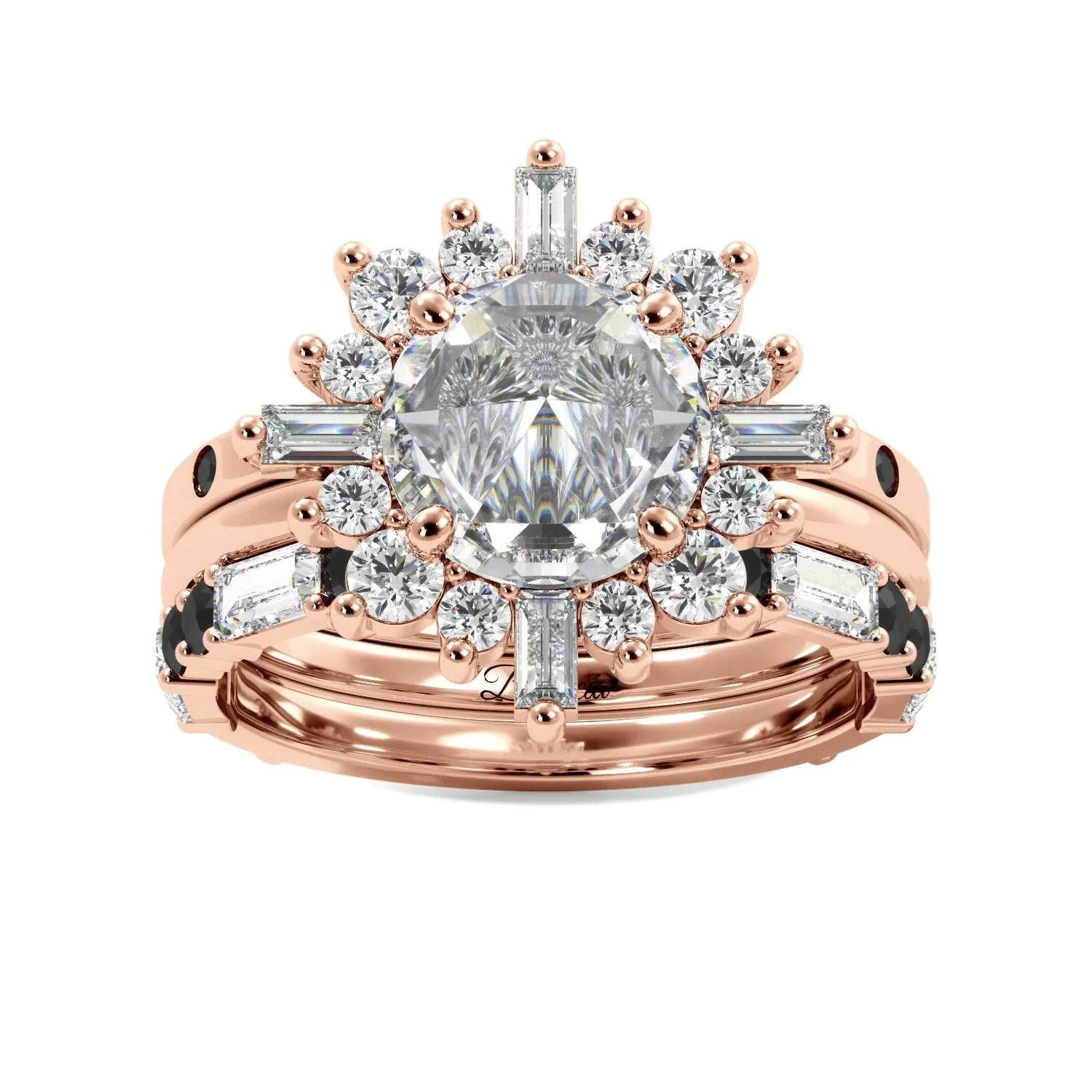 Round Rose Cut and Baguette Halo Black Diamond Ring Set
