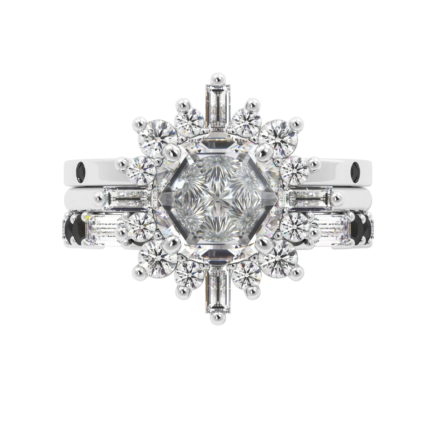 Round Rose Cut and Baguette Halo Black Diamond Ring Set