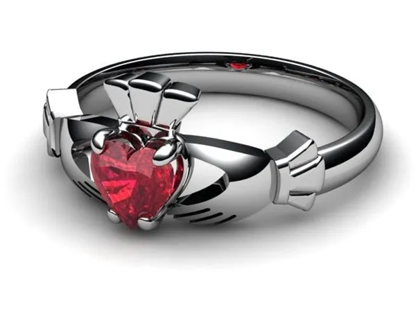RUBY 14K WHITE Gold Claddagh Ring <font color="#FF0000"> IN STOCK!  Ships in 48 Hours!</font>