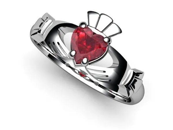 RUBY 14K WHITE Gold Claddagh Ring <font color="#FF0000"> IN STOCK!  Ships in 48 Hours!</font>