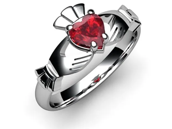 RUBY 14K WHITE Gold Claddagh Ring <font color="#FF0000"> IN STOCK!  Ships in 48 Hours!</font>