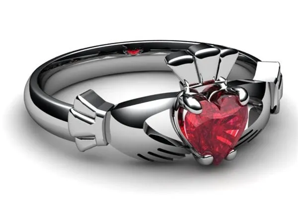 RUBY 14K WHITE Gold Claddagh Ring <font color="#FF0000"> IN STOCK!  Ships in 48 Hours!</font>