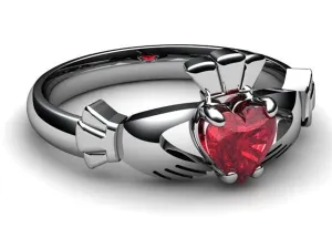 RUBY 14K WHITE Gold Claddagh Ring <font color="#FF0000"> IN STOCK!  Ships in 48 Hours!</font>