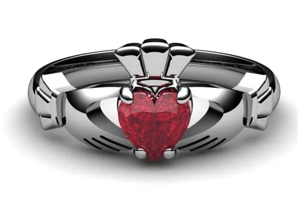 RUBY 14K WHITE Gold Claddagh Ring <font color="#FF0000"> IN STOCK!  Ships in 48 Hours!</font>