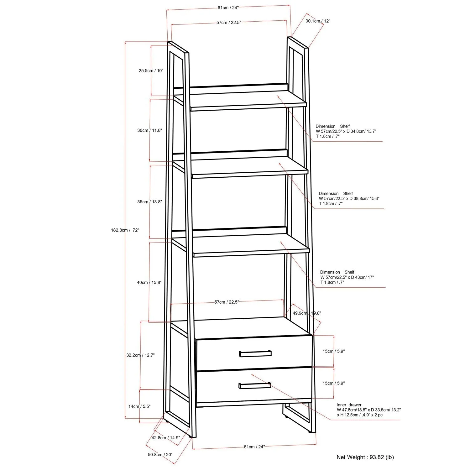 Sawhorse Solid Walnut Veneer and Metal Ladder Shelf with Storage