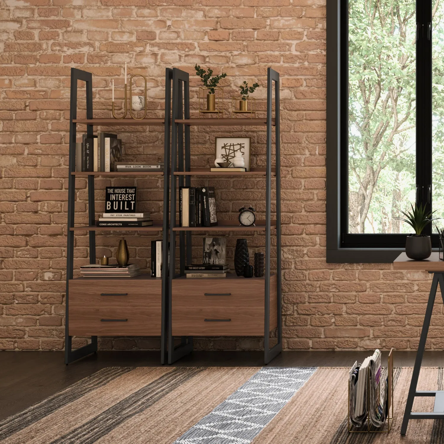 Sawhorse Solid Walnut Veneer and Metal Ladder Shelf with Storage