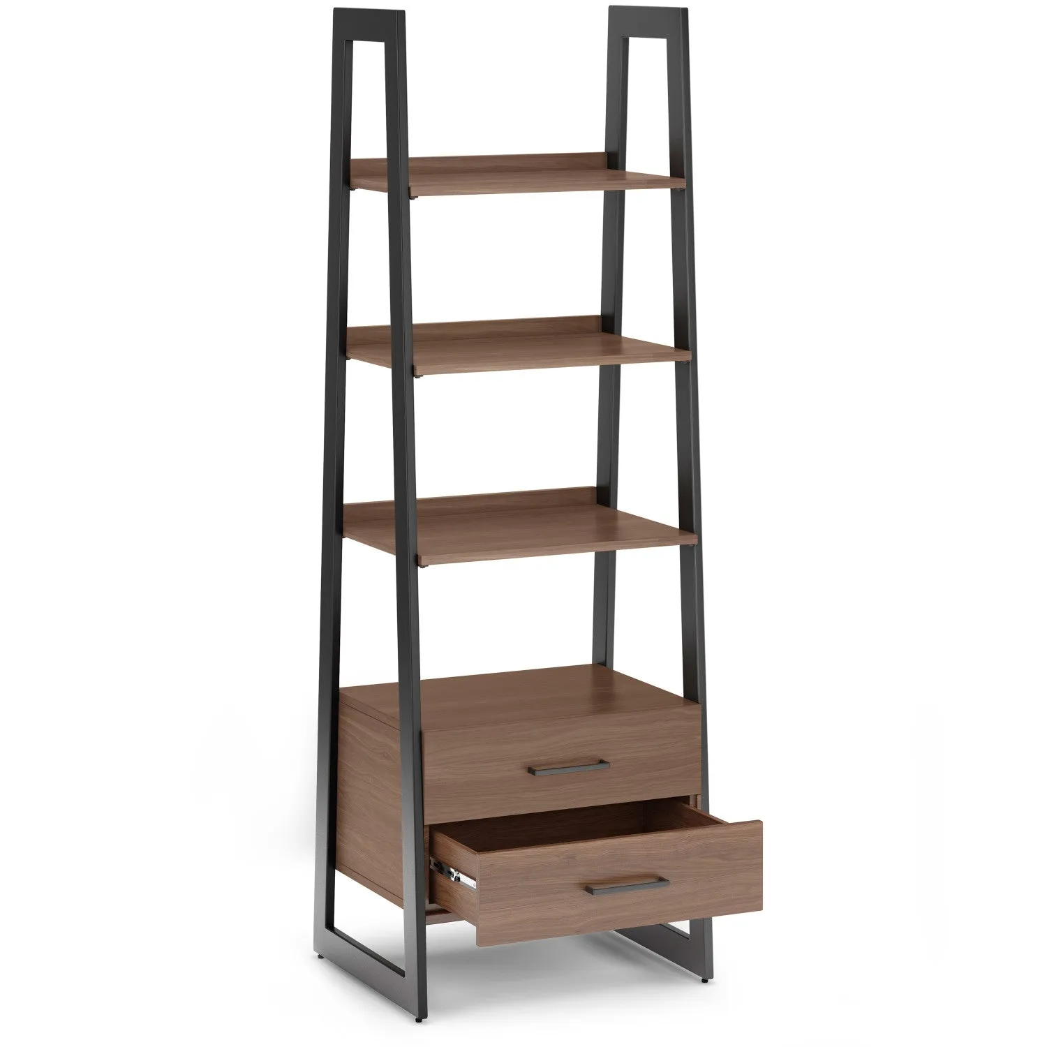Sawhorse Solid Walnut Veneer and Metal Ladder Shelf with Storage