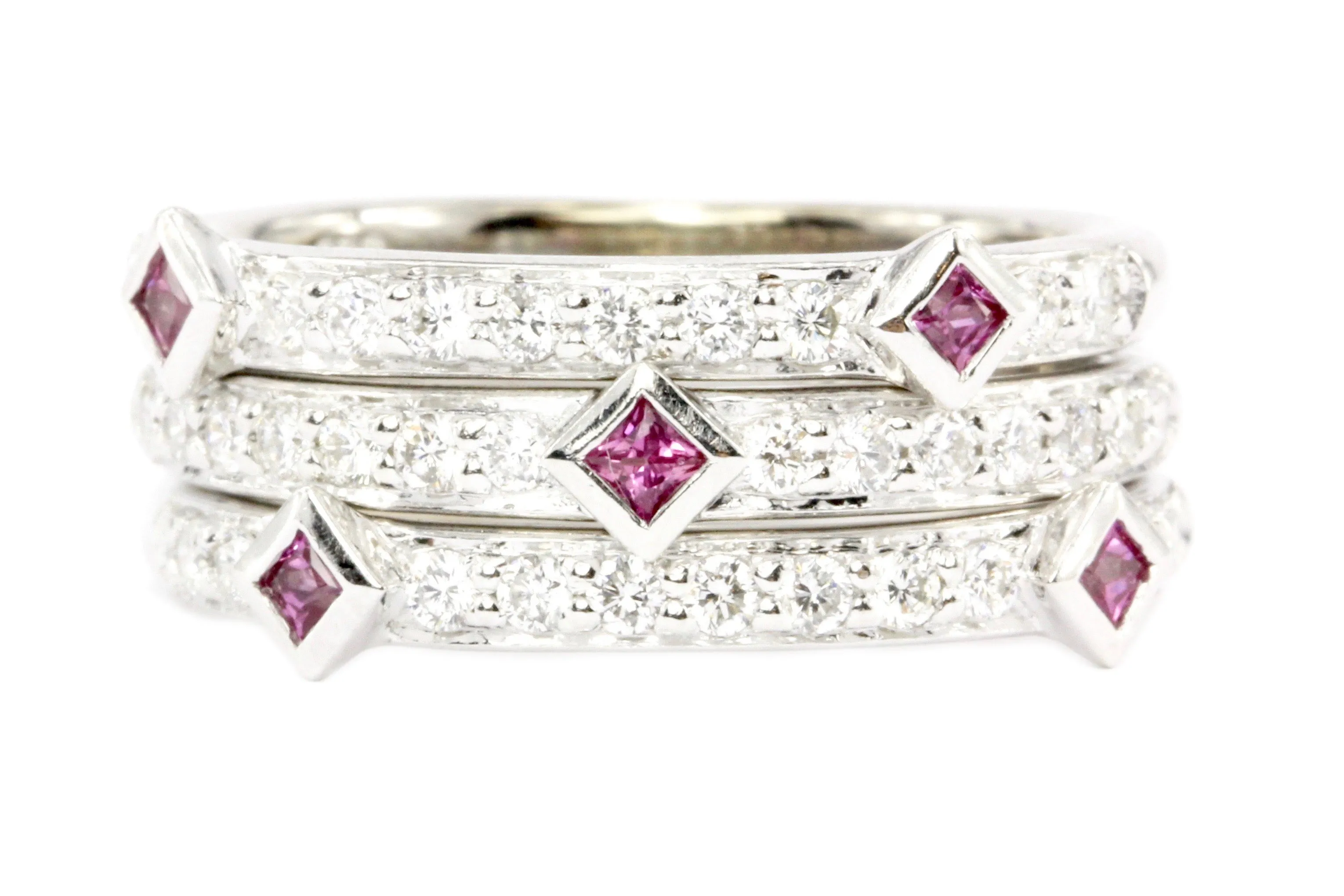 Set of 3 Stackable 14K White Gold Honora  .75 CTW Ruby & Diamond Bands