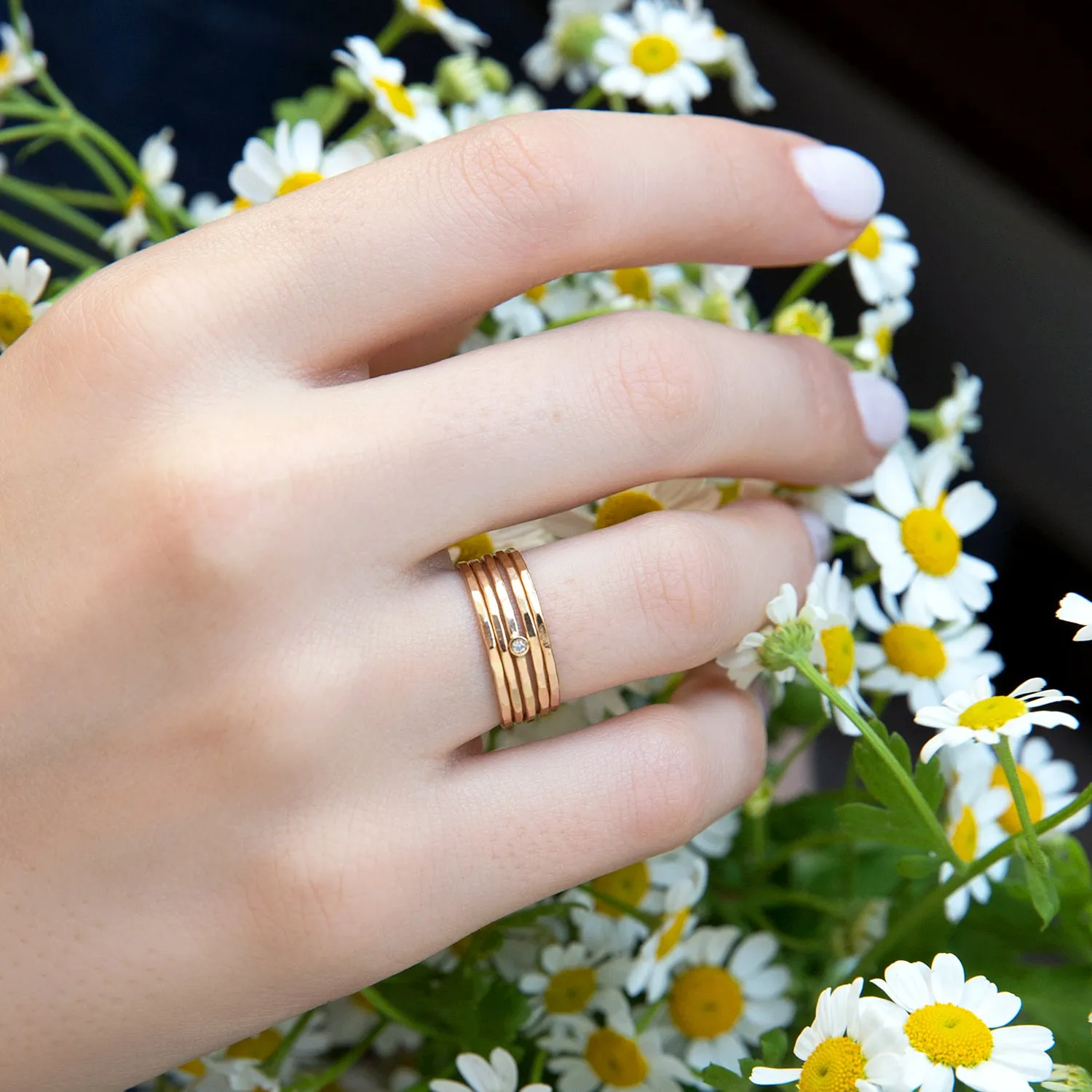 Set of 5 14k Hammered Gold & Diamond Rings