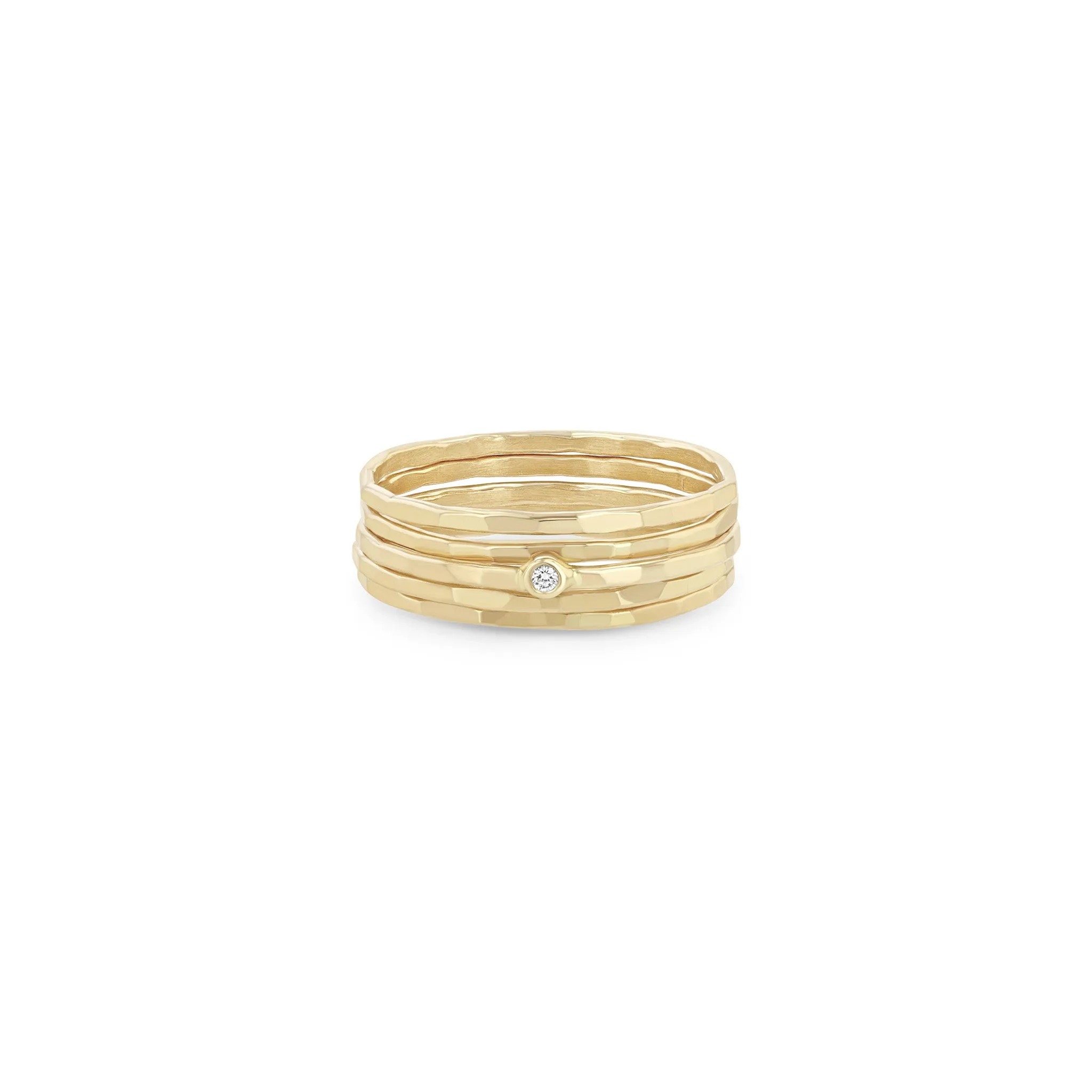 Set of 5 14k Hammered Gold & Diamond Rings