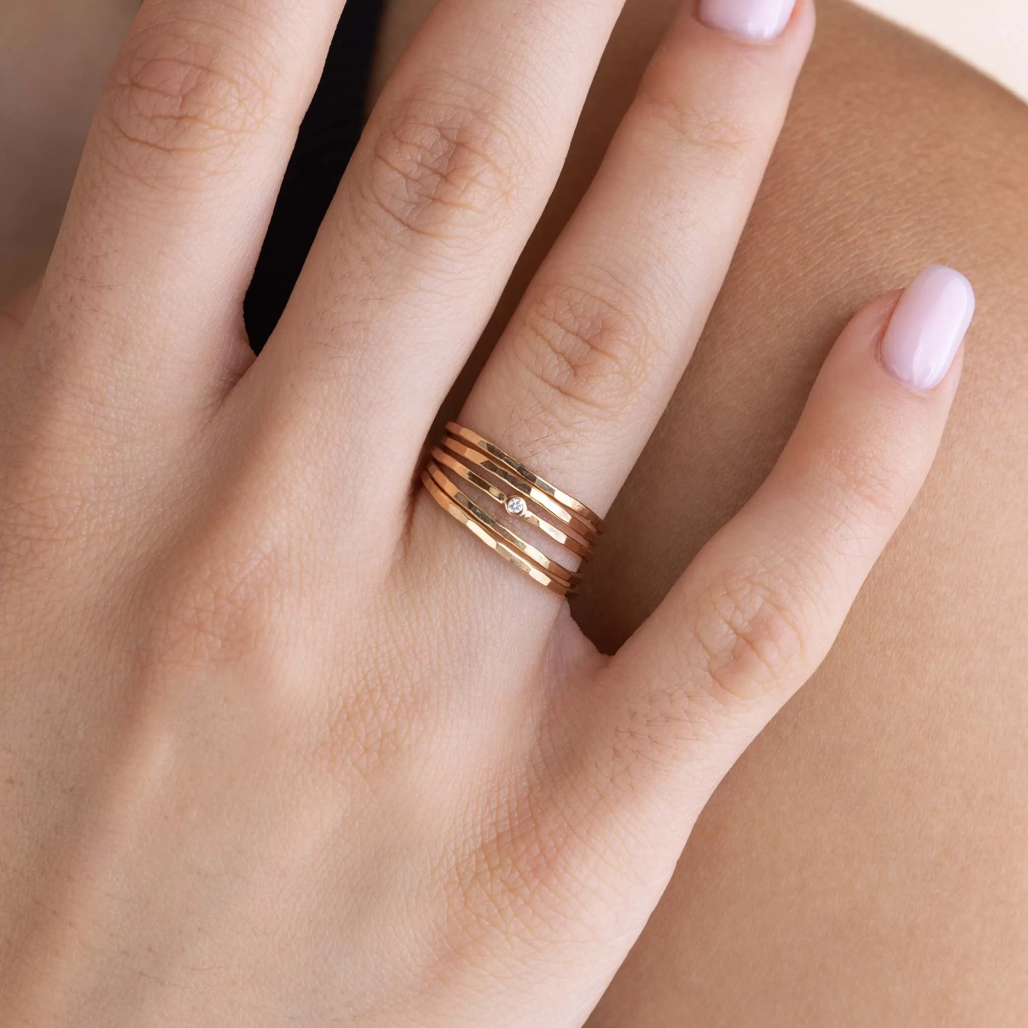 Set of 5 14k Hammered Gold & Diamond Rings