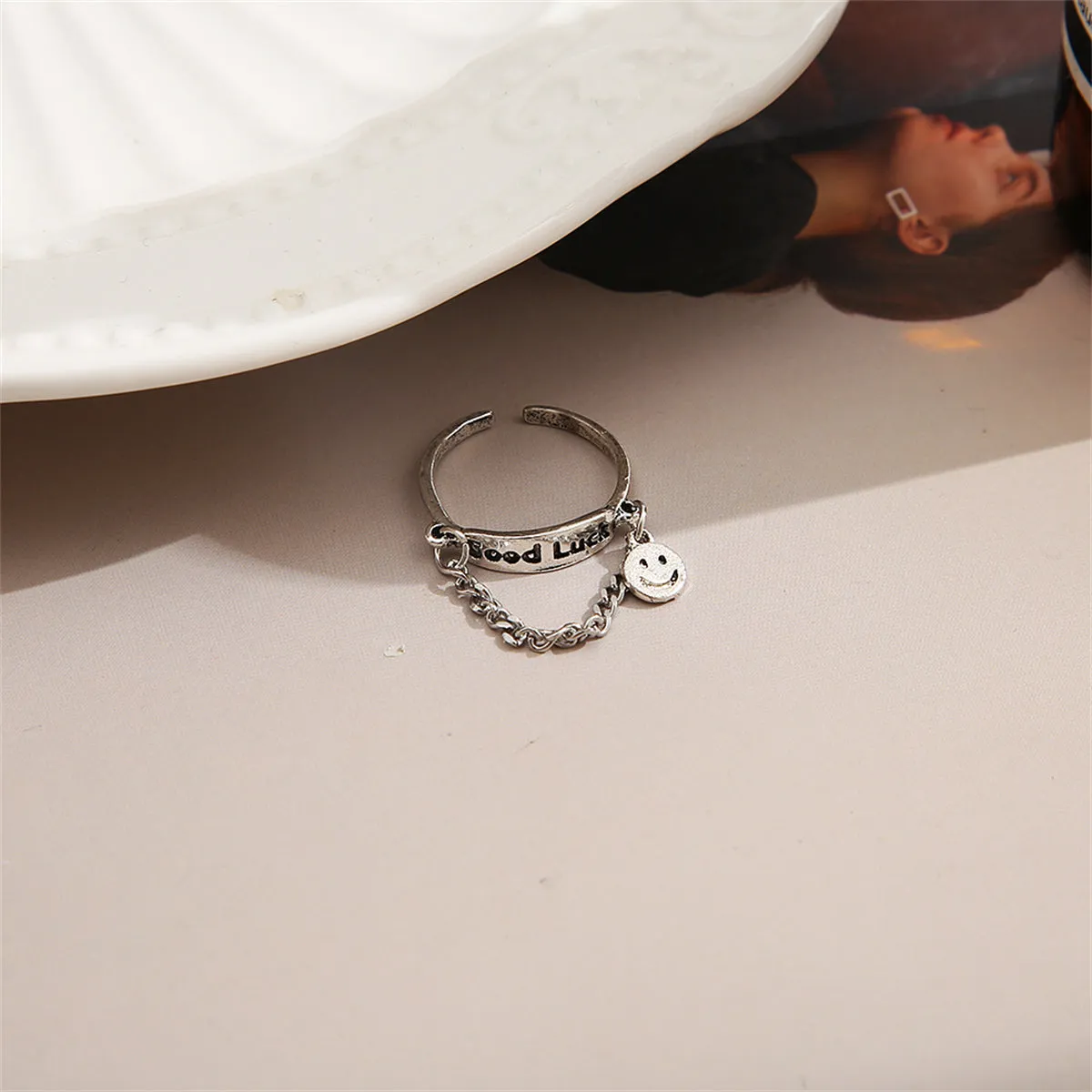 Silver-Plated 'Good Luck' Chain Smiley Ring