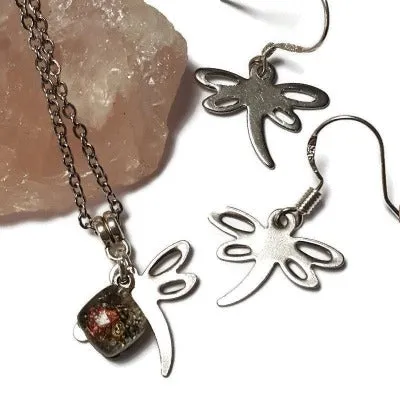 Small Dragonfly set.  Drop  earrings and necklace. Recycled fused glass sand and copper bead. Dainty, tiny, minimalist jewlery