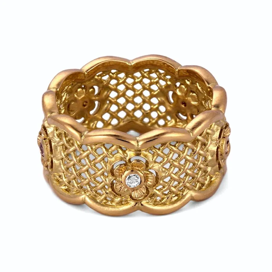 Statement Wedding Band Ring with Diamond Flowers in 14K Gold