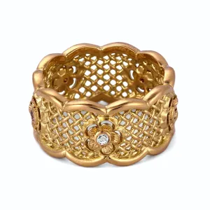 Statement Wedding Band Ring with Diamond Flowers in 14K Gold