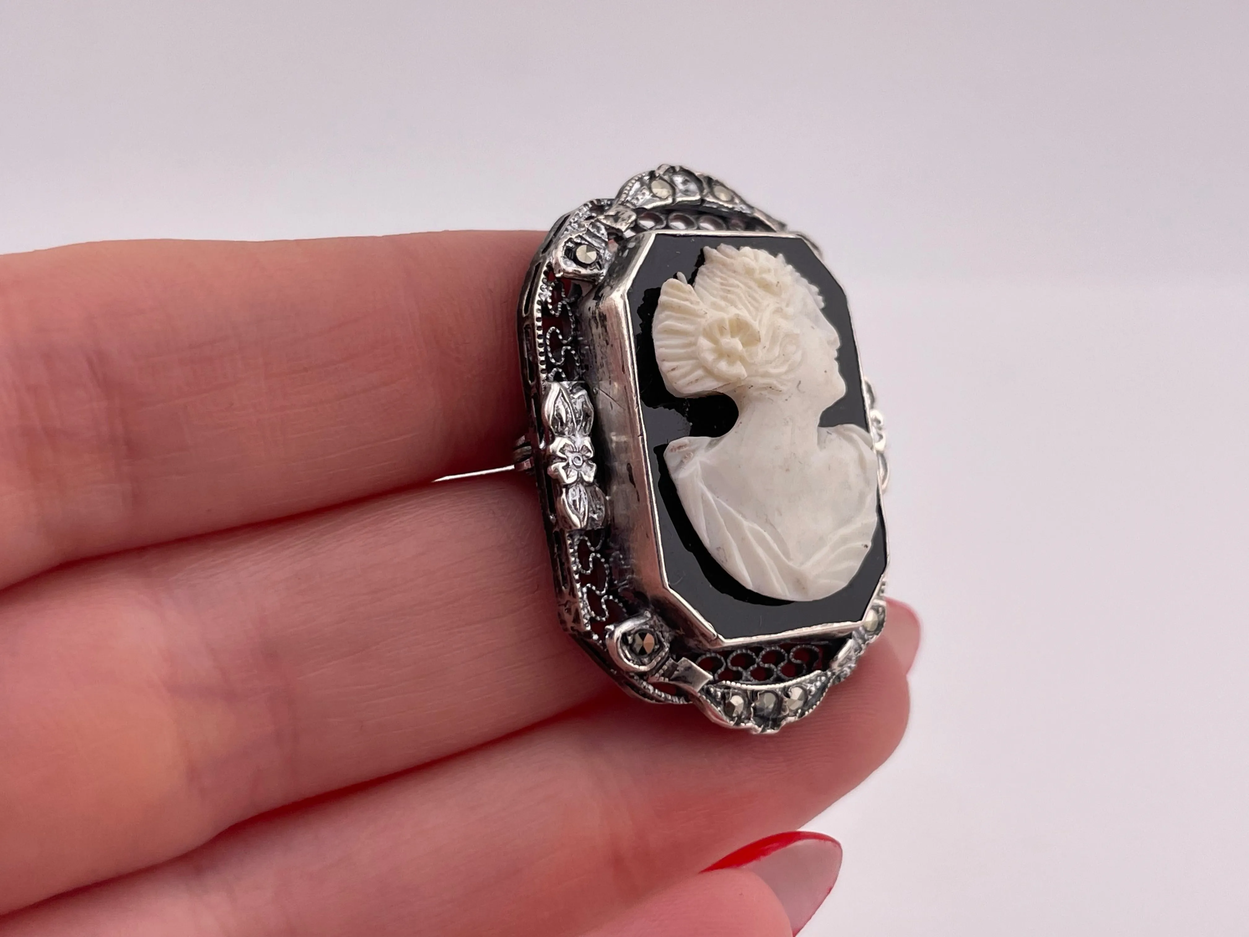sterling silver cameo onyx brooch pin ***AS IS***
