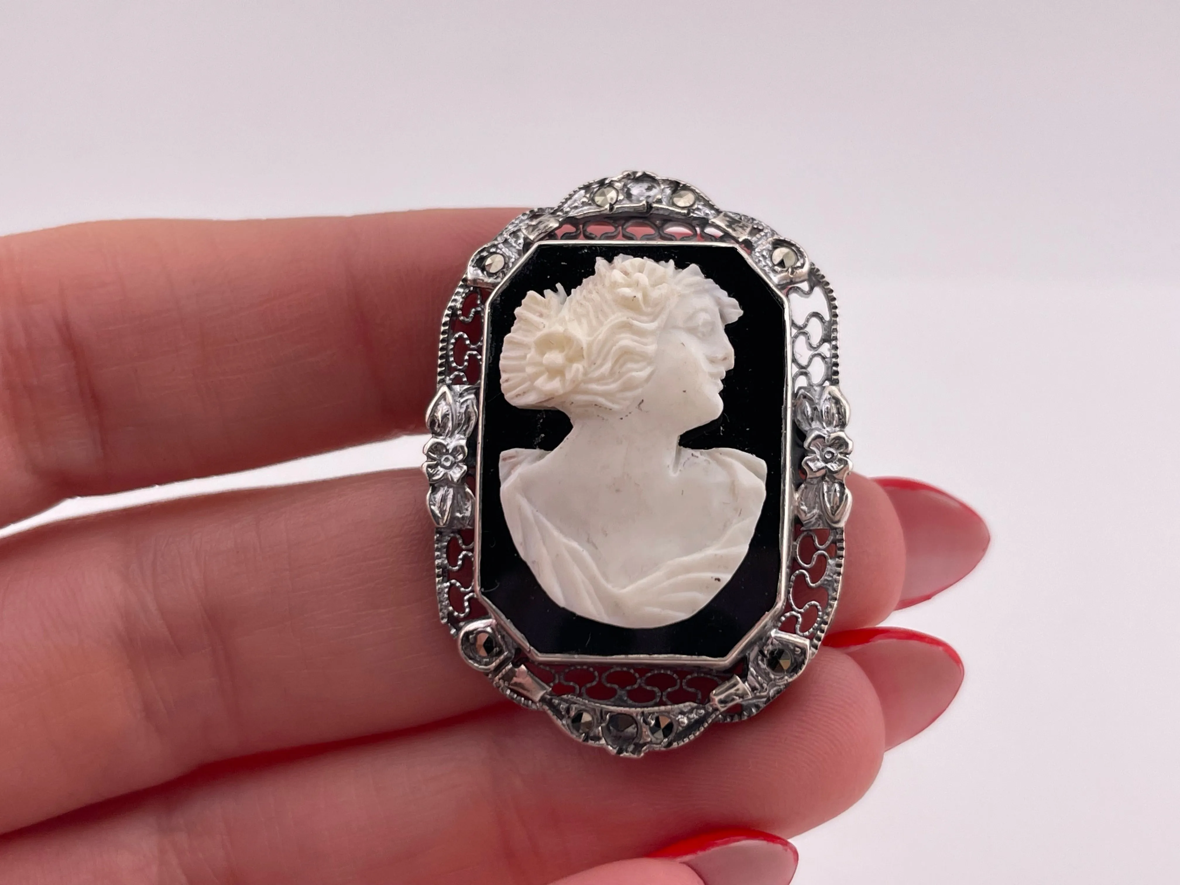 sterling silver cameo onyx brooch pin ***AS IS***