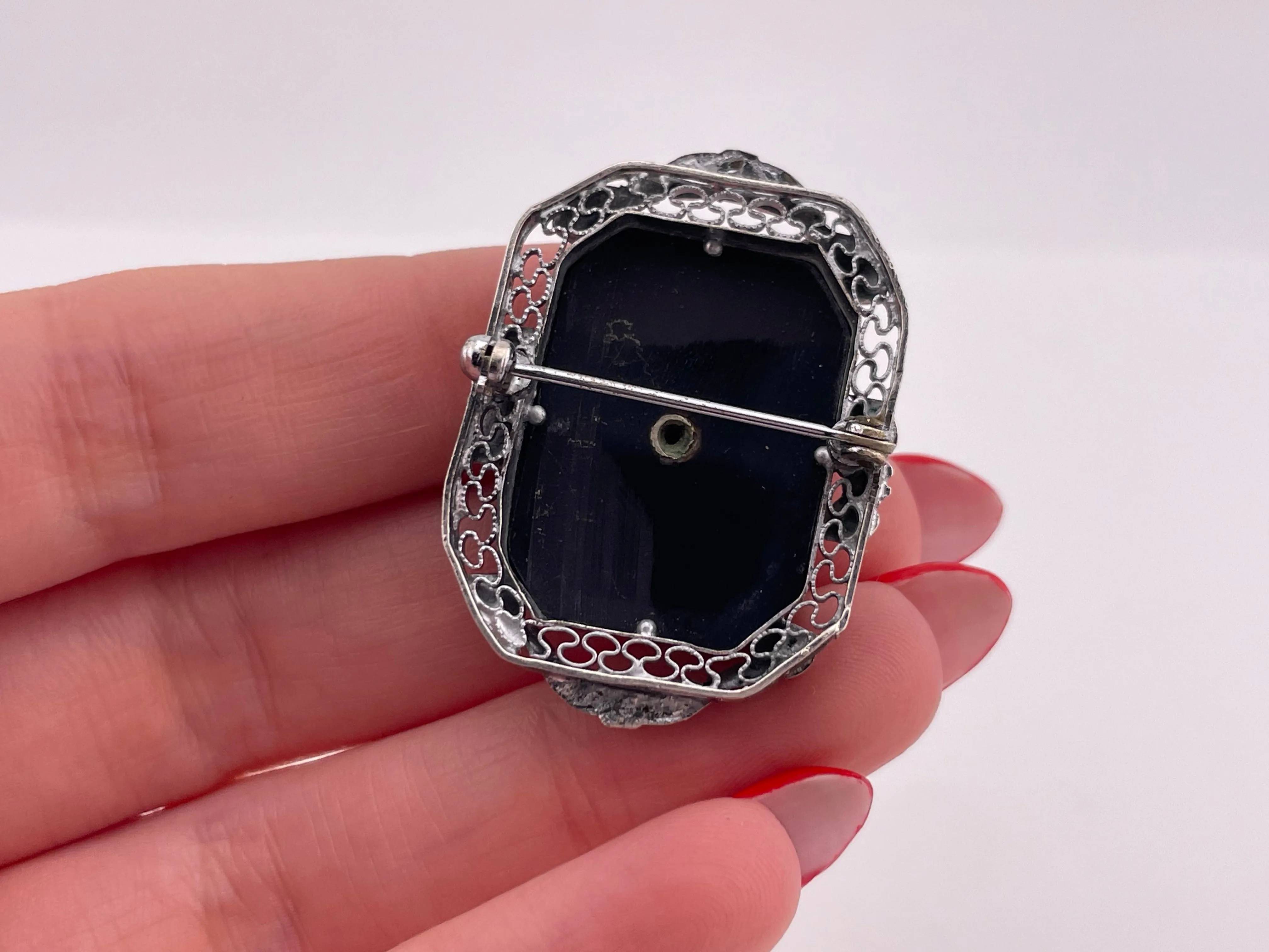 sterling silver cameo onyx brooch pin ***AS IS***